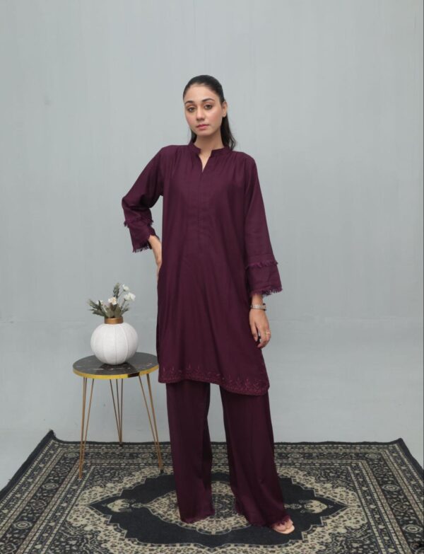 Burgundy Embroidered Linen Suit with Fringe Detailing