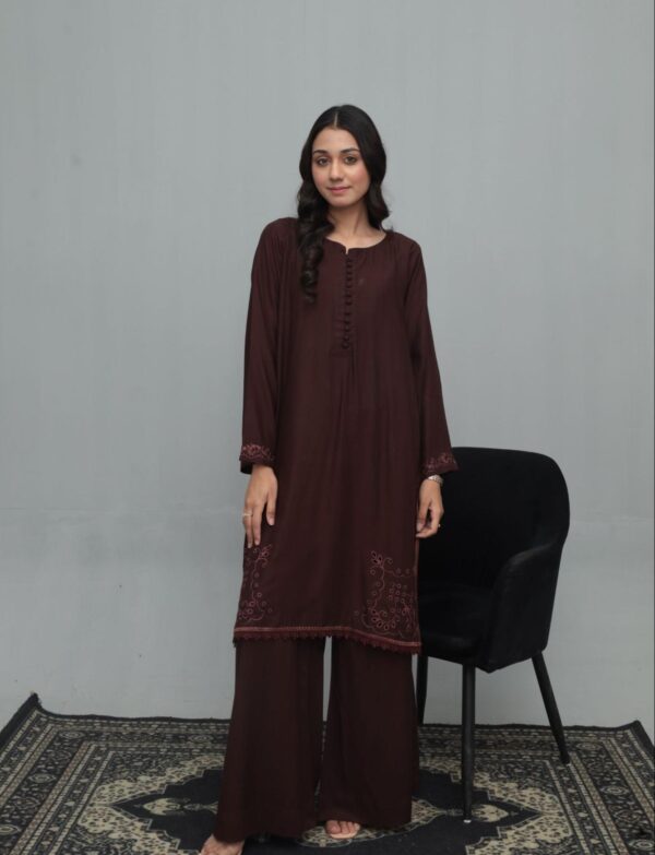 Chocolate Brown Embroidered Linen Suit