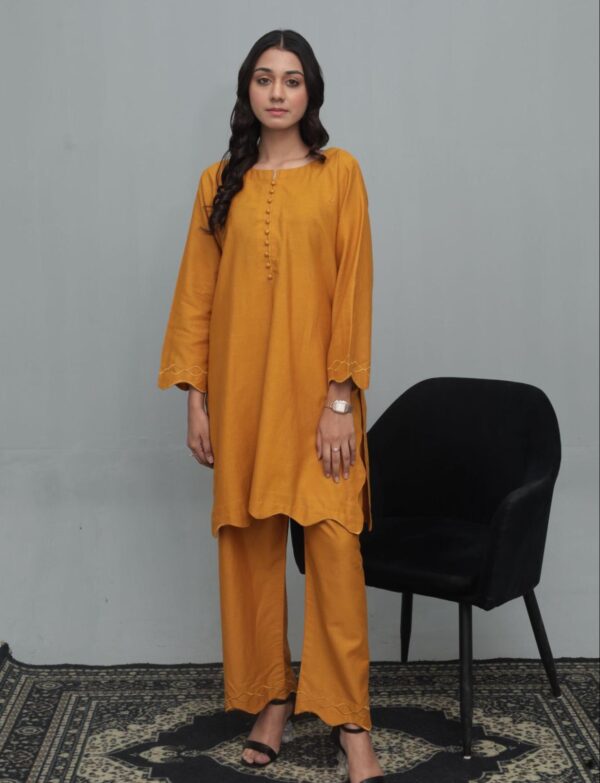 Mustard Scalloped & Embroidered Khaddar Suit
