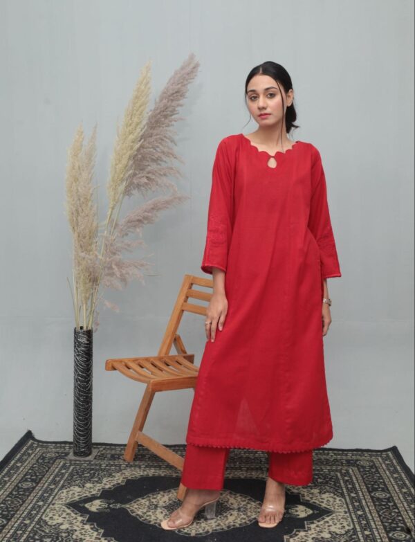Red Scallop Neck Embroidered Khaddar Suit