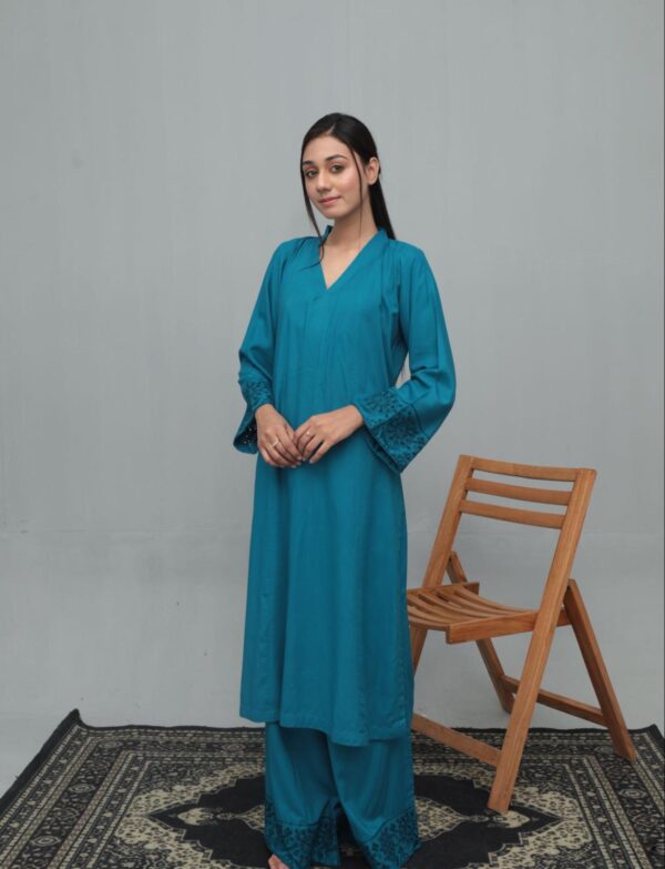 Teal Embroidered Linen Suit
